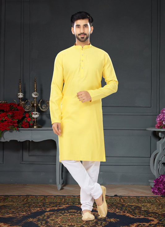 Kurta Pyjama Cotton Jacquard Yellow Plain Mens