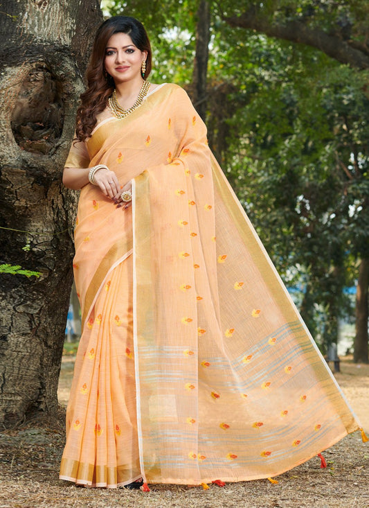 Casual Linen Yellow Weaving Saree