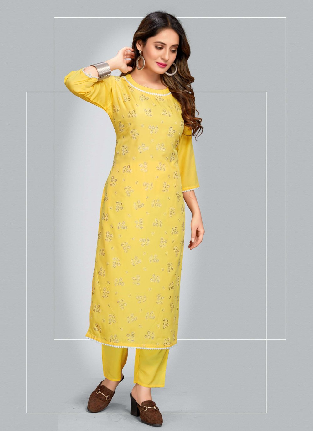 Pant Style Suit Blended Cotton Yellow Print Salwar Kameez