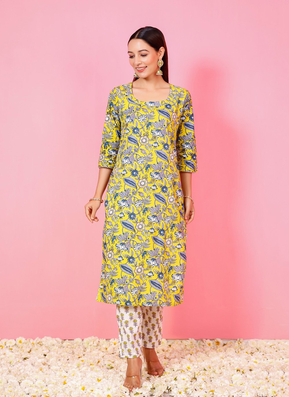 Pant Style Suit Cotton Yellow Print Salwar Kameez