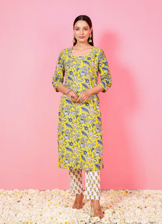 Pant Style Suit Cotton Yellow Print Salwar Kameez