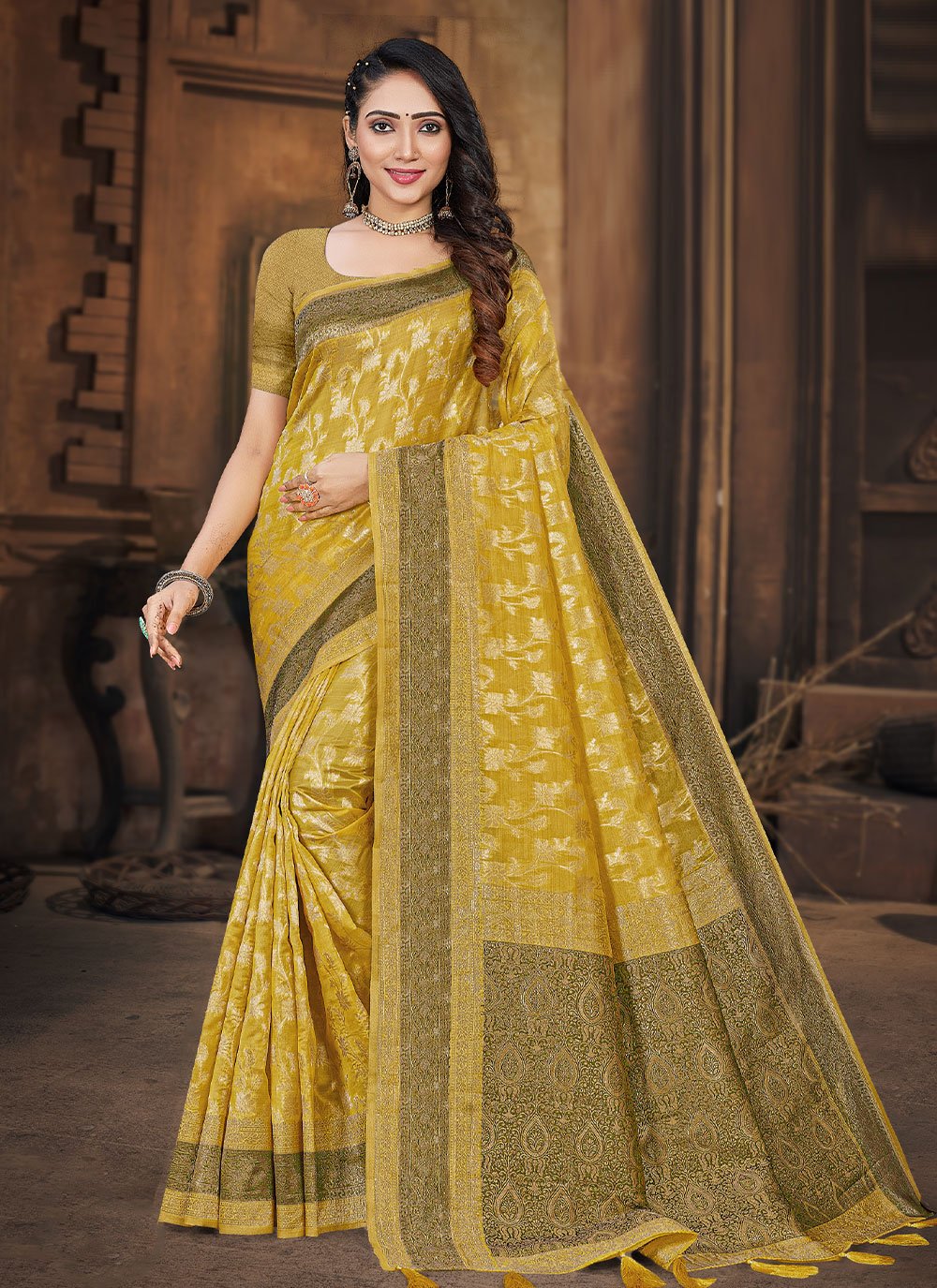 Classic Organza Silk Yellow Weaving Saree