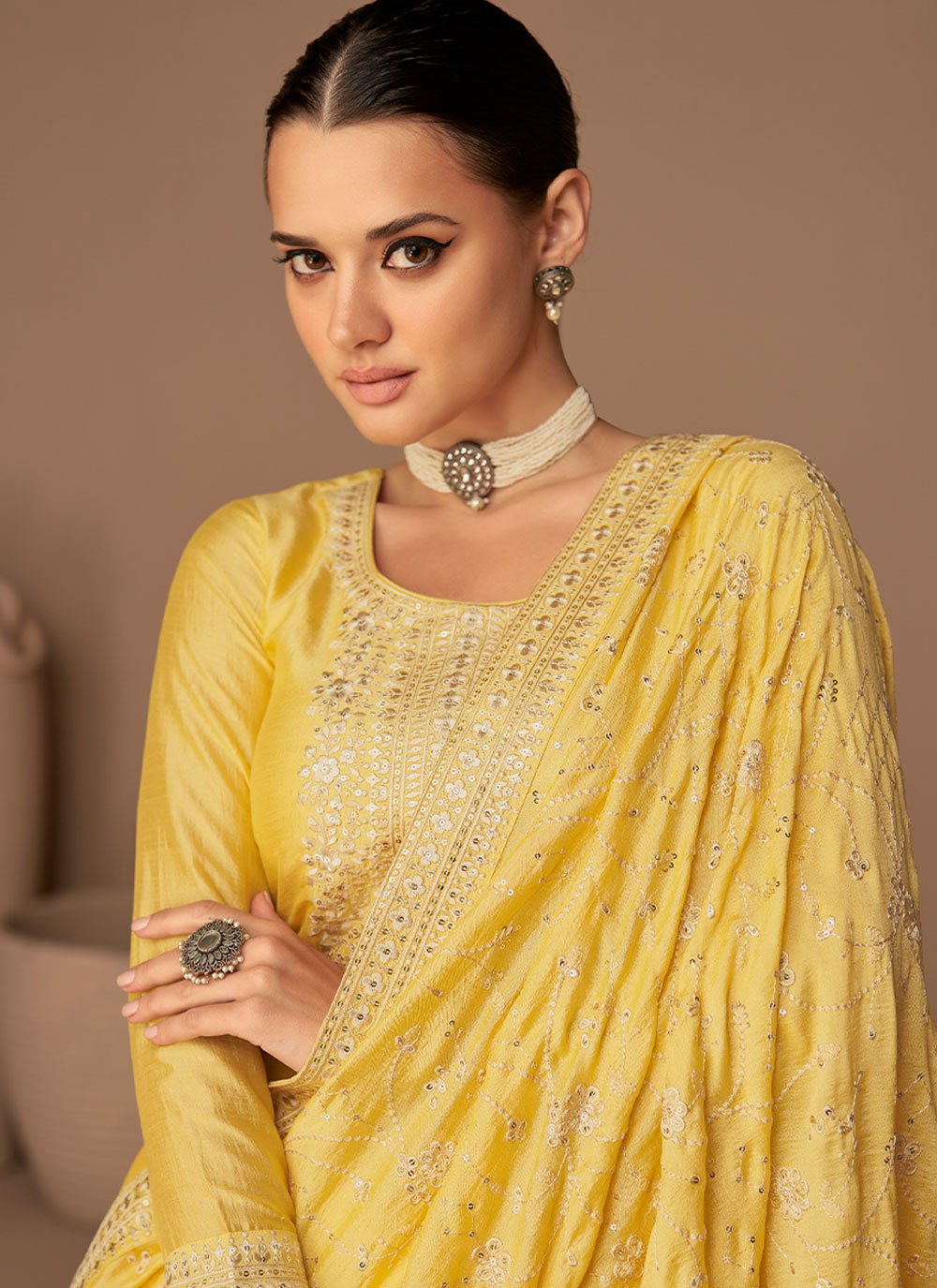 Salwar Suit Silk Yellow Embroidered Salwar Kameez