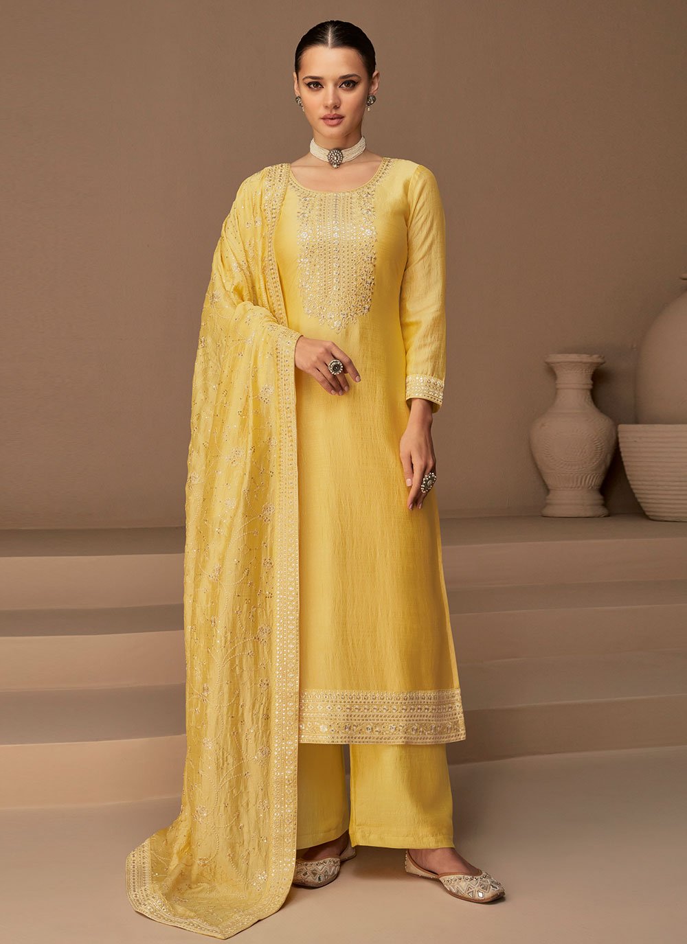 Salwar Suit Silk Yellow Embroidered Salwar Kameez