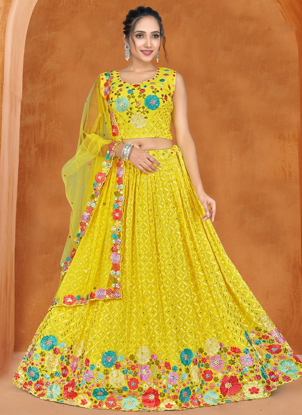 A Line Lehenga Georgette Yellow Embroidered Lehenga Choli