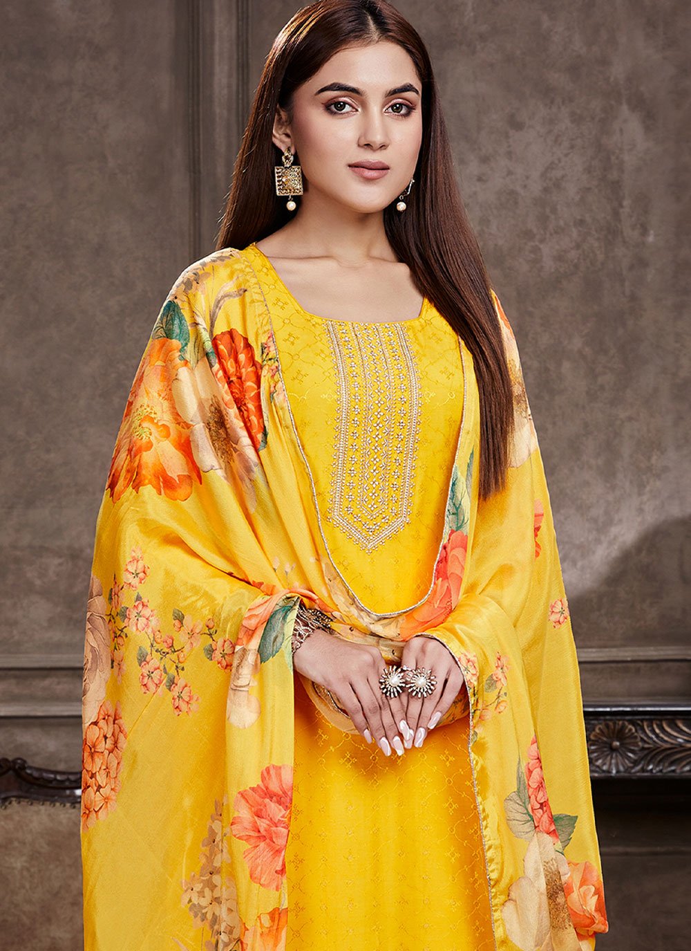 Salwar Suit Muslin Yellow Embroidered Salwar Kameez