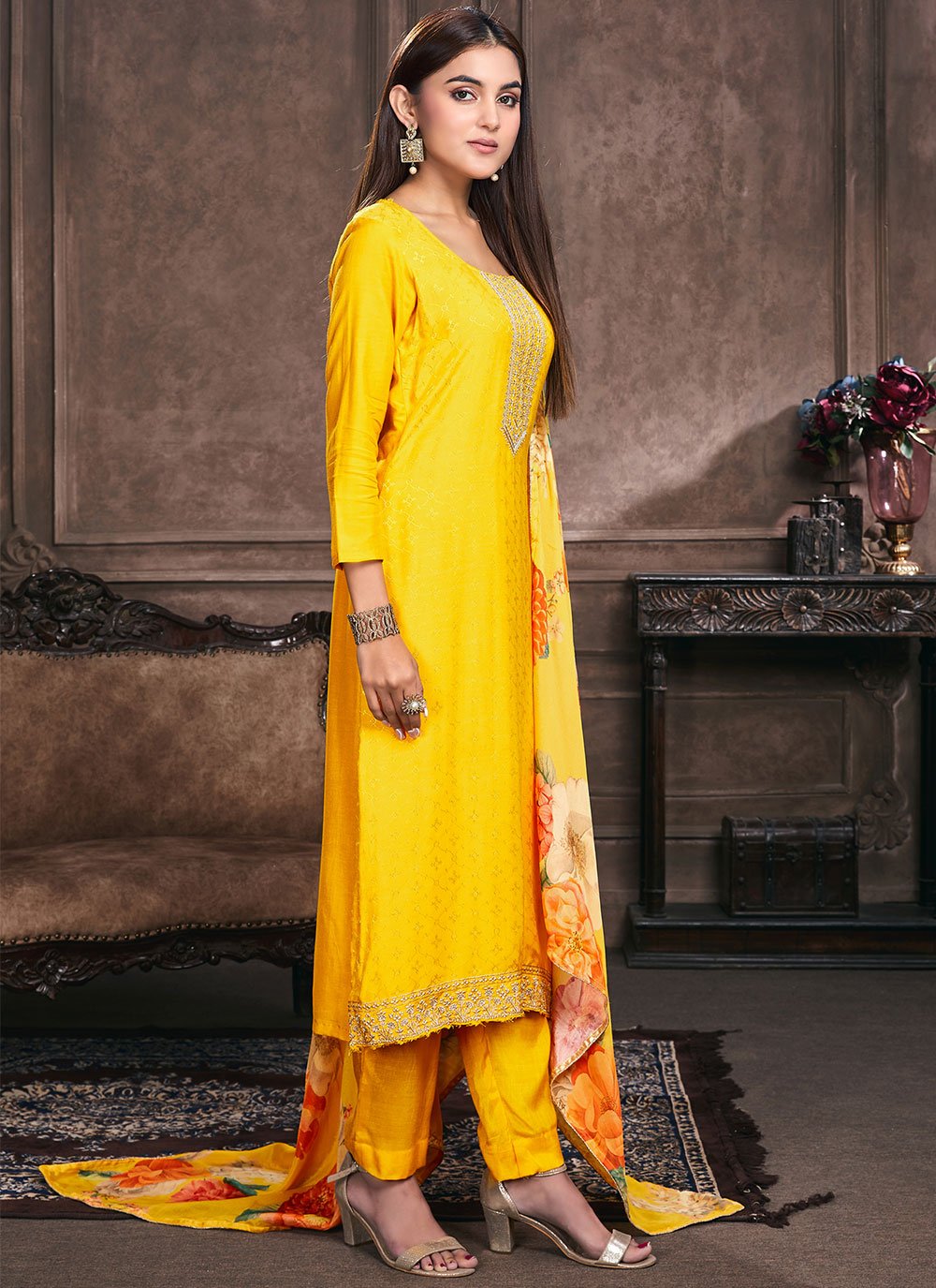 Salwar Suit Muslin Yellow Embroidered Salwar Kameez