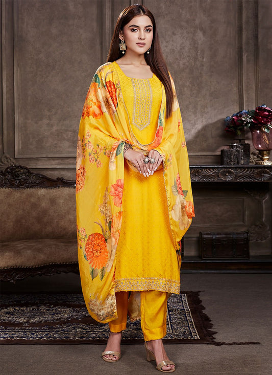 Salwar Suit Muslin Yellow Embroidered Salwar Kameez