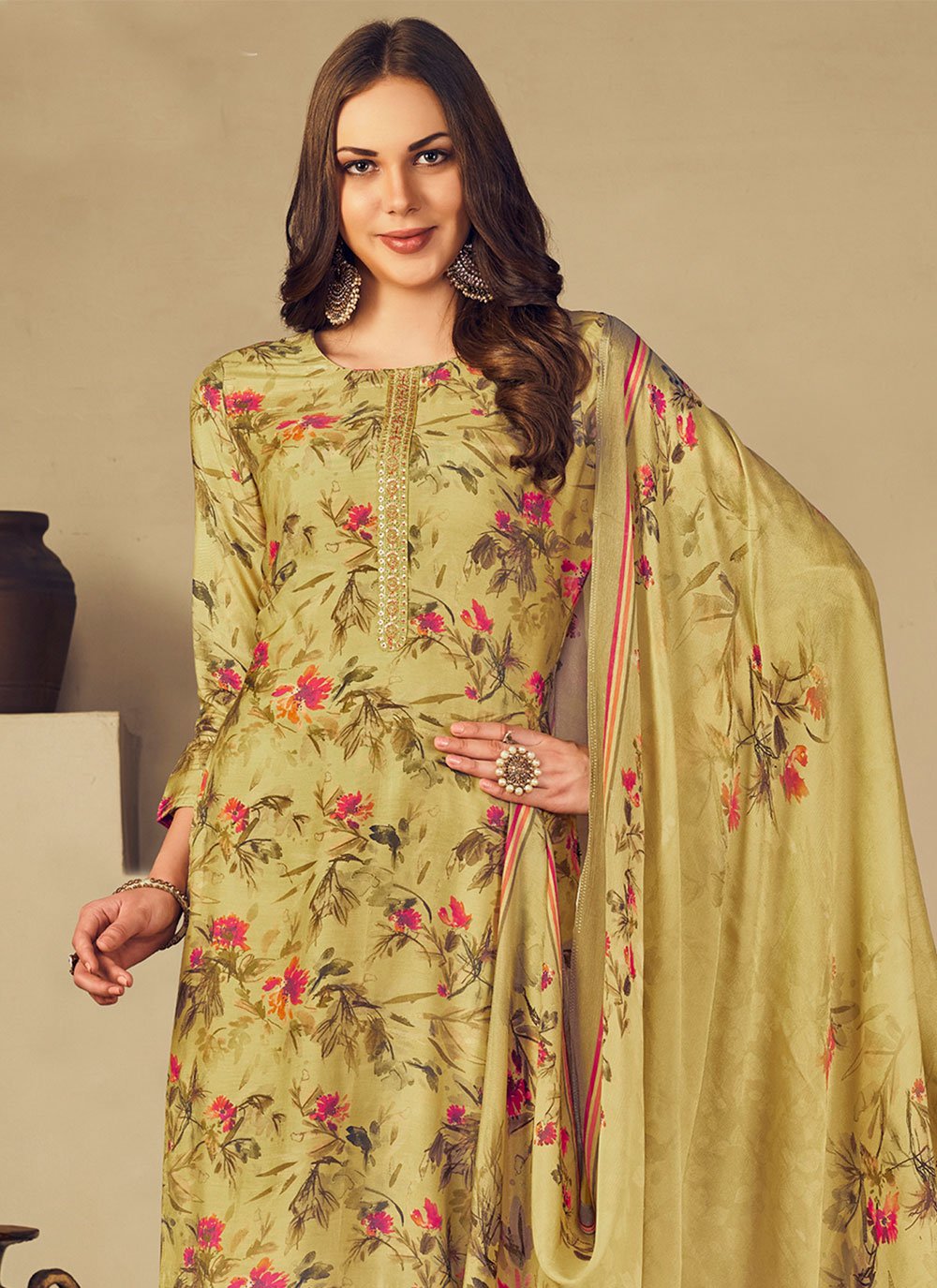 Salwar Suit Muslin Yellow Embroidered Salwar Kameez