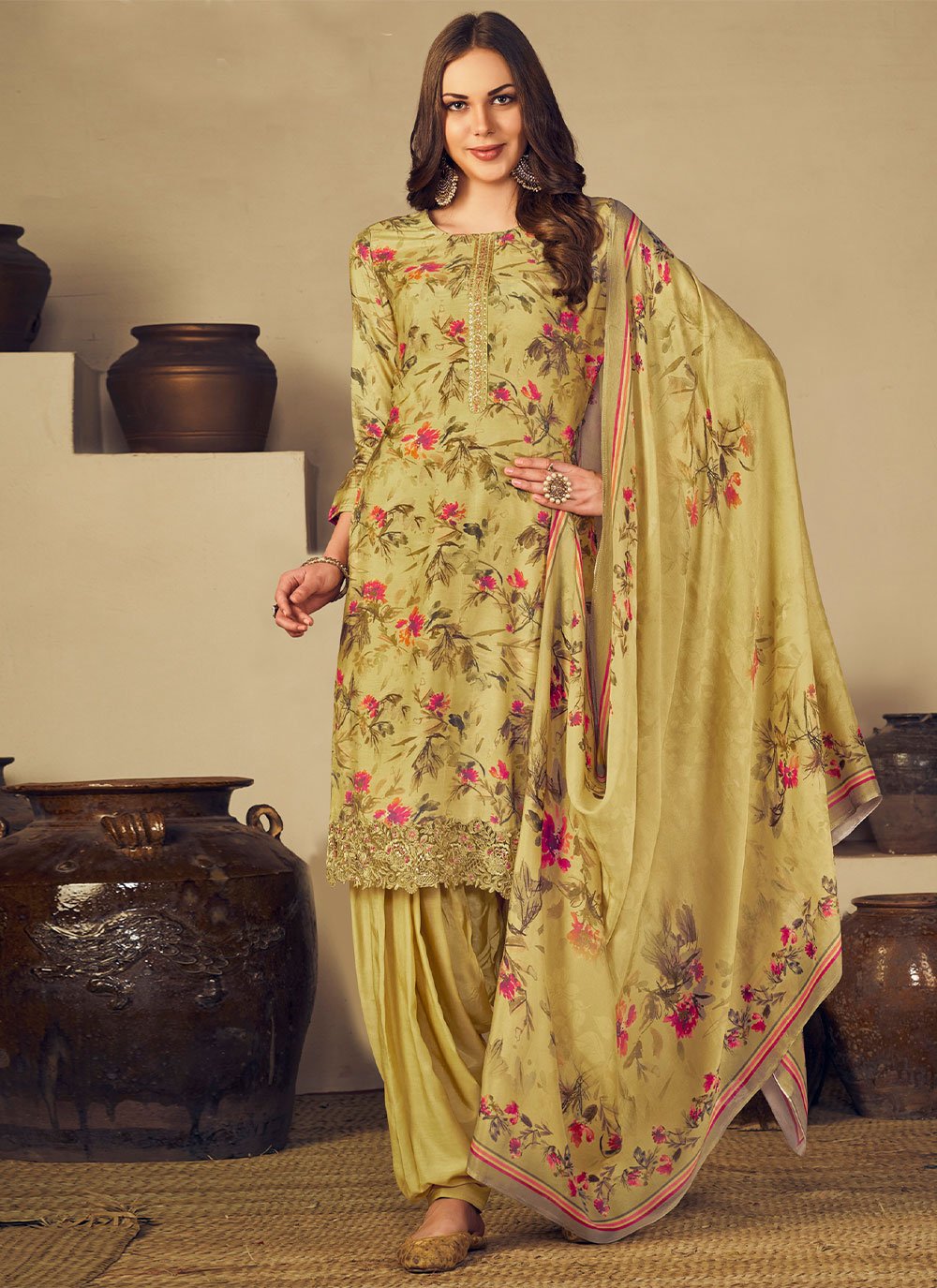 Salwar Suit Muslin Yellow Embroidered Salwar Kameez