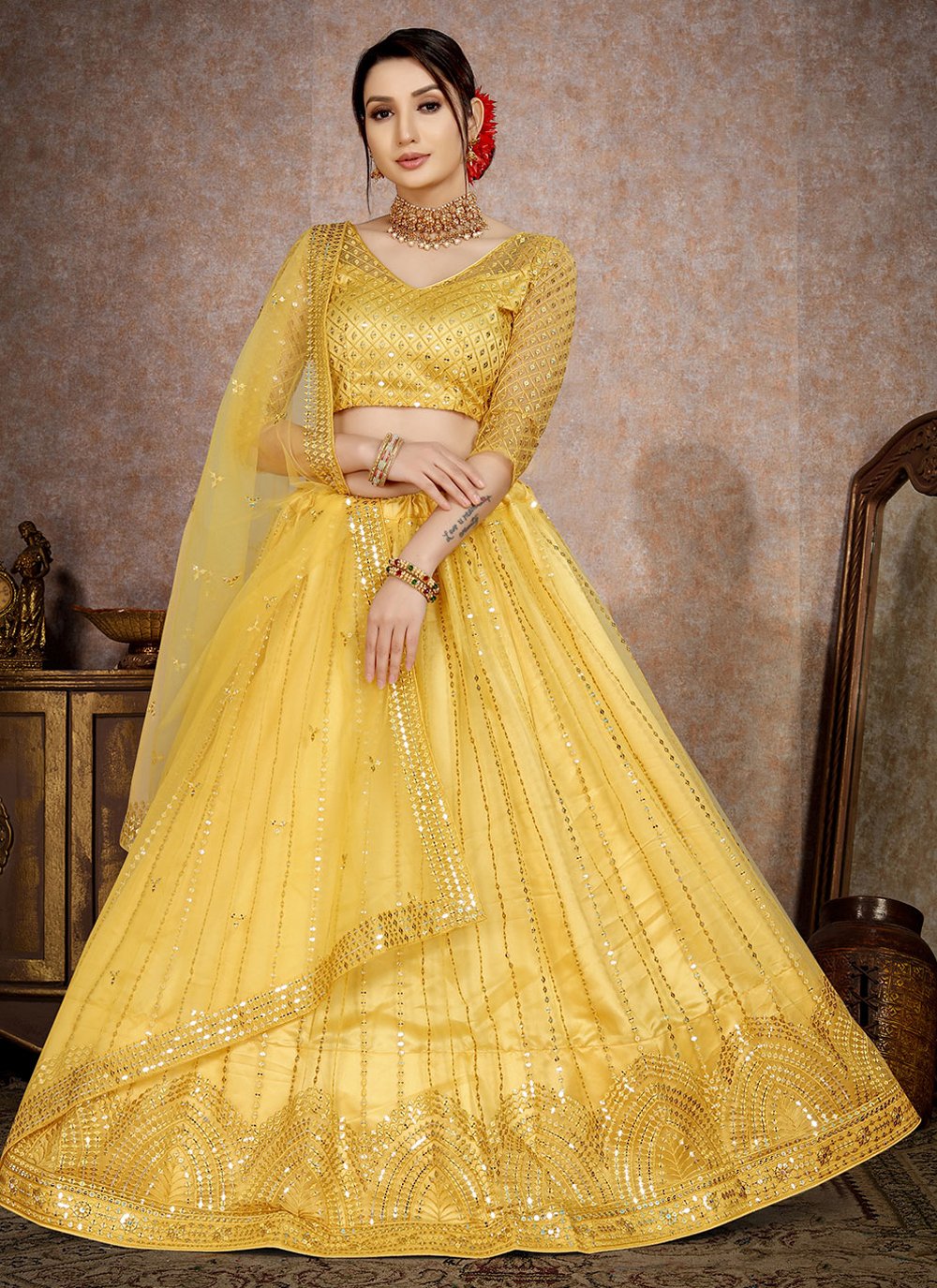 Lehenga Choli Net Yellow Embroidered Lehenga Choli