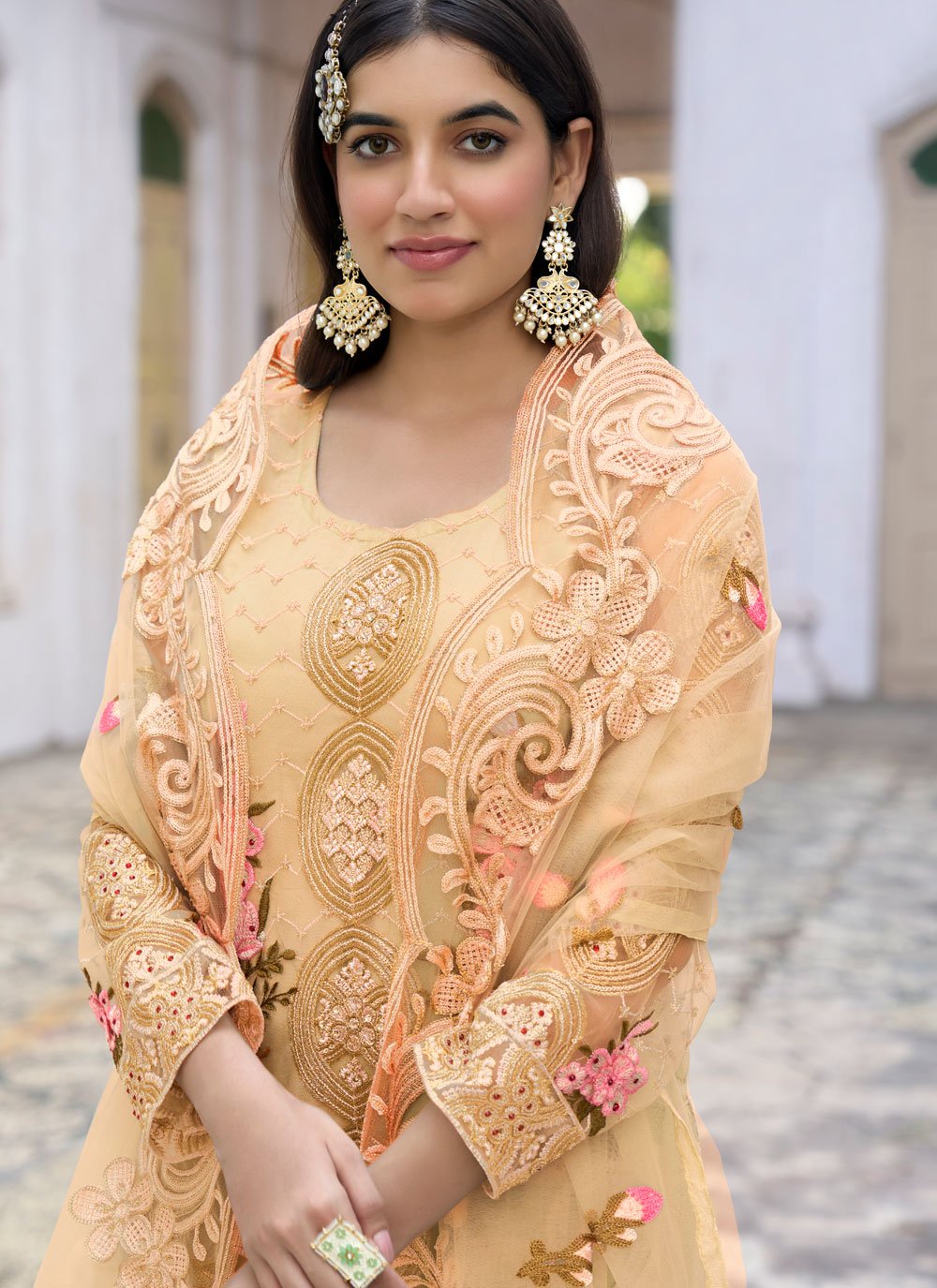 Salwar Suit Net Yellow Embroidered Salwar Kameez