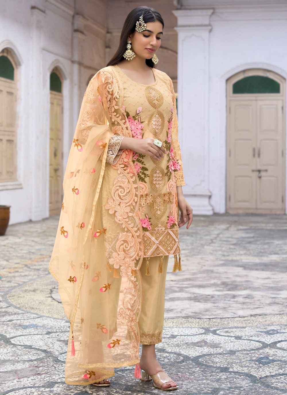 Salwar Suit Net Yellow Embroidered Salwar Kameez