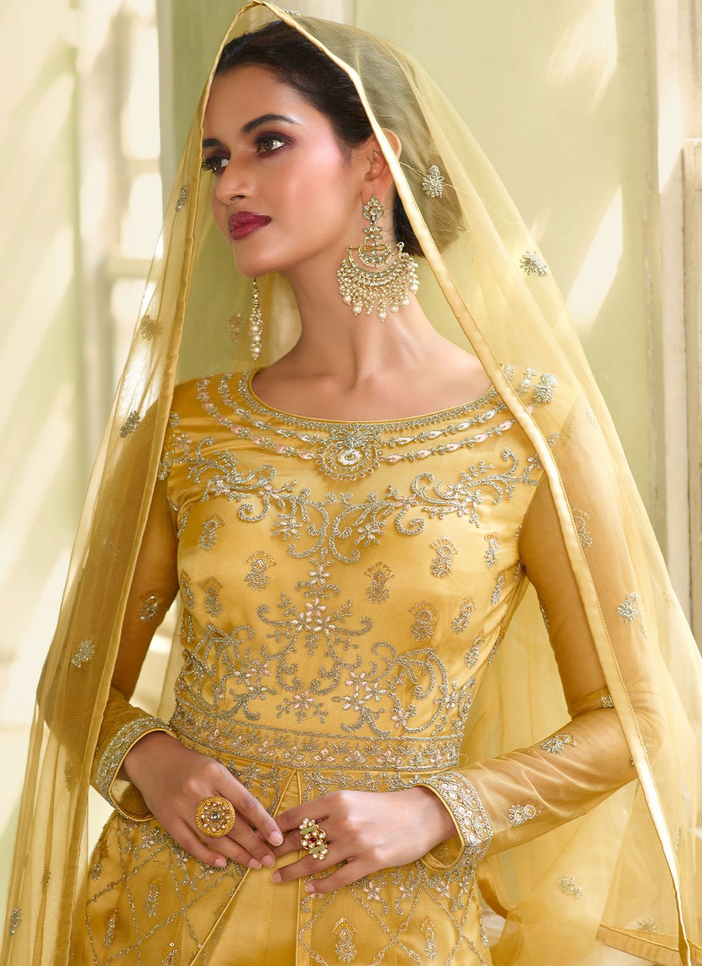 Floor Lenght Salwar Suit Net Yellow Embroidered Salwar Kameez