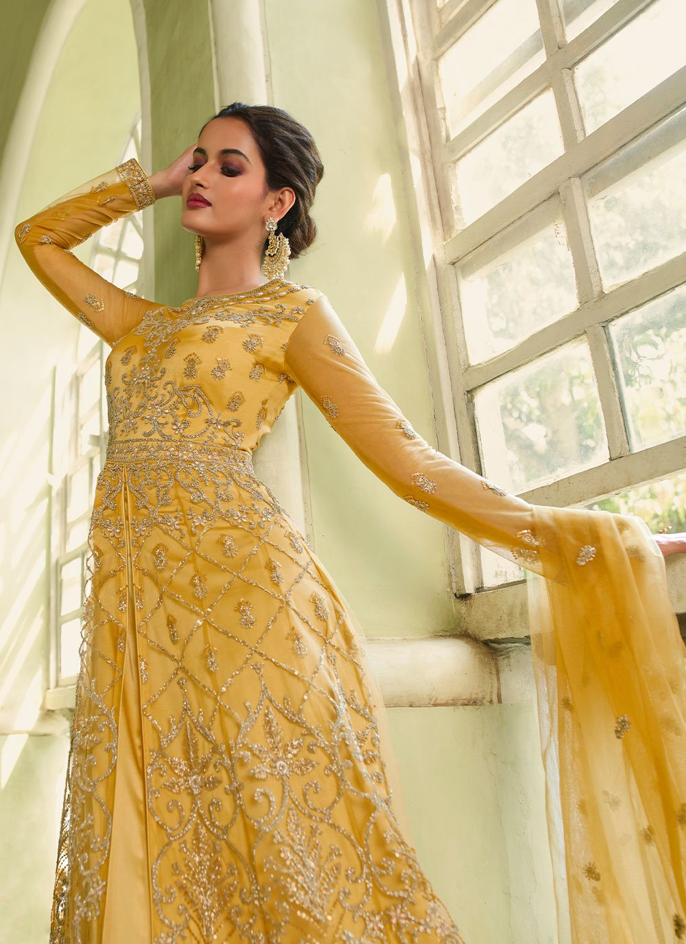 Floor Lenght Salwar Suit Net Yellow Embroidered Salwar Kameez