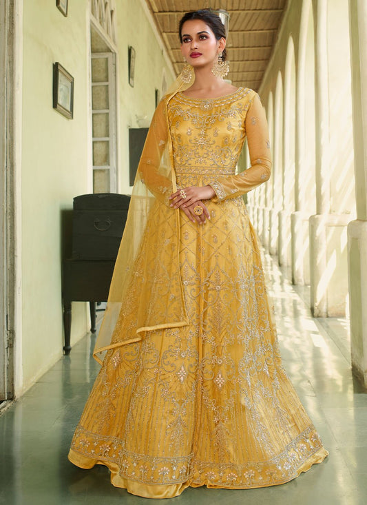 Floor Lenght Salwar Suit Net Yellow Embroidered Salwar Kameez