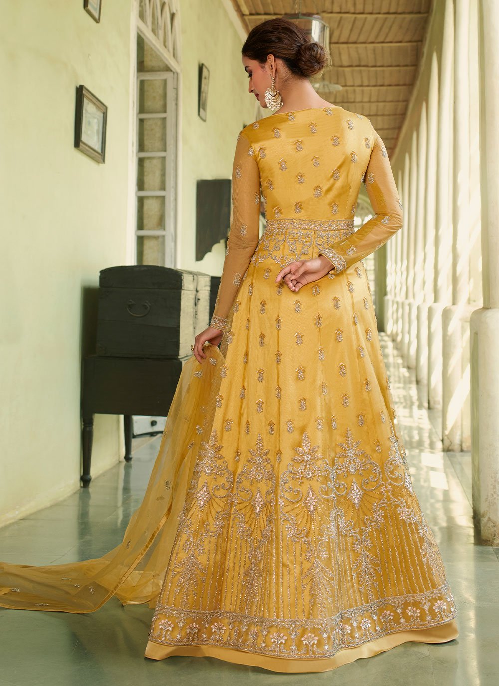 Floor Lenght Salwar Suit Net Yellow Embroidered Salwar Kameez