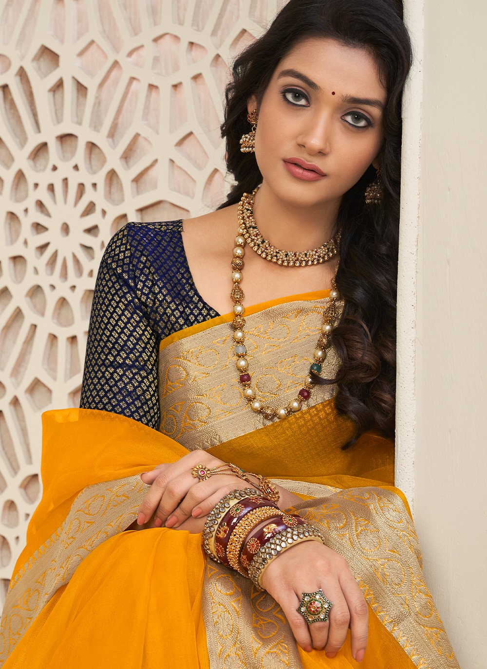 Contemporary Organza Yellow Patch Border Saree