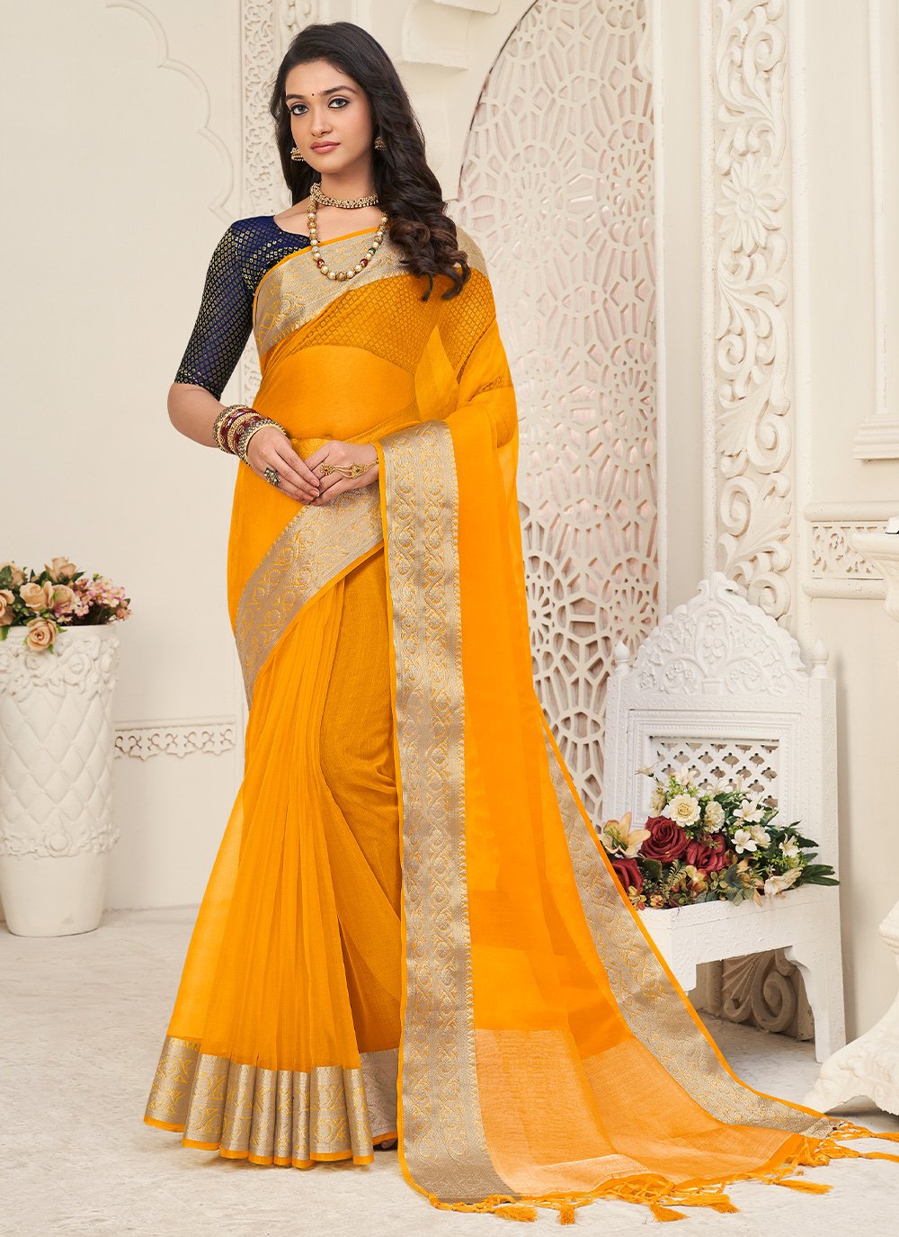 Contemporary Organza Yellow Patch Border Saree