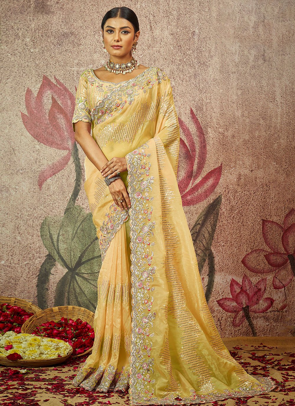 Classic Organza Yellow Embroidered Saree