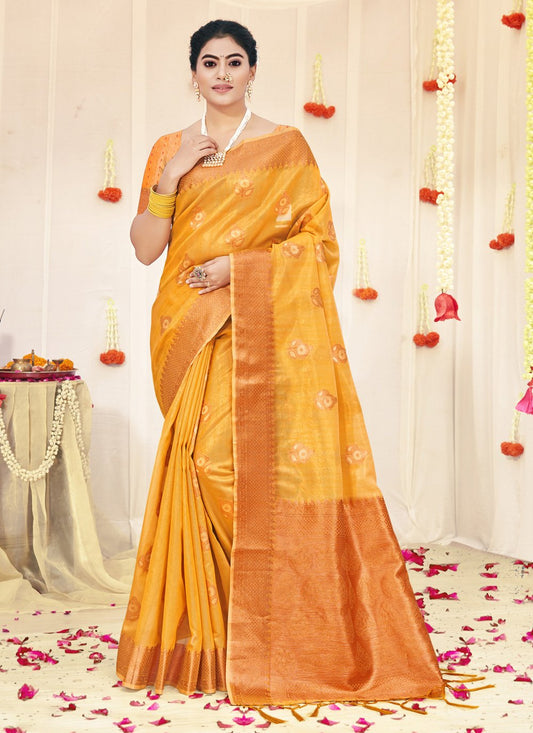 Designer Organza Yellow Fancy Work Saree