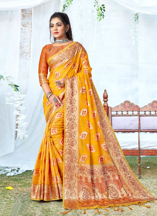 Traditional Saree Organza Yellow Embroidered Saree