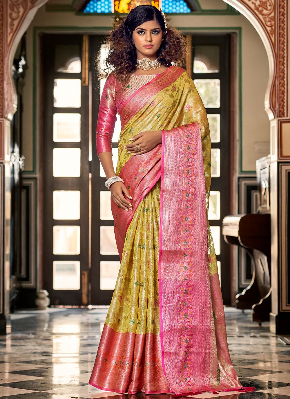 Trendy Saree Organza Yellow Jacquard Work Saree