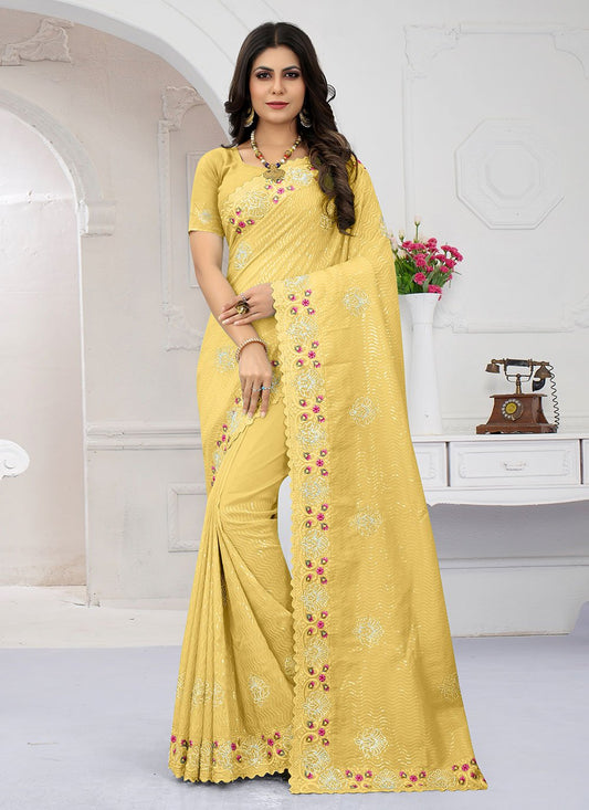 Classic Organza Yellow Embroidered Saree