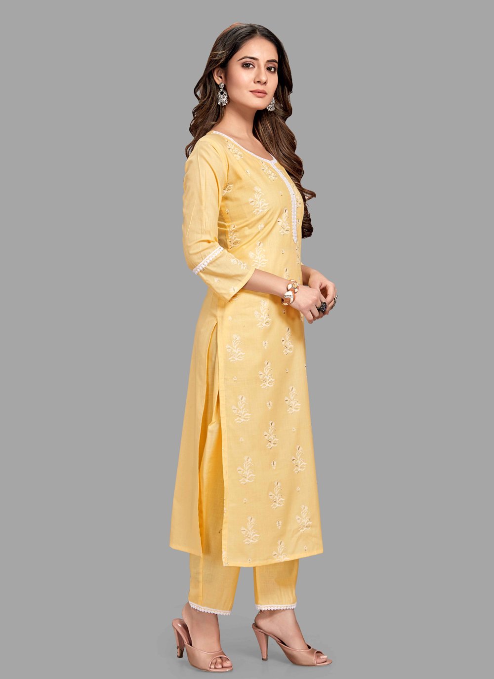 Pant Style Suit Blended Cotton Yellow Block Print Salwar Kameez