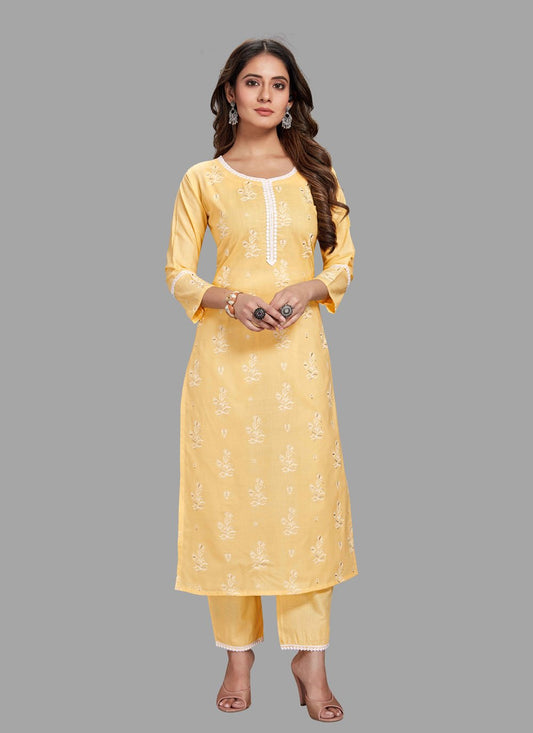 Pant Style Suit Blended Cotton Yellow Block Print Salwar Kameez