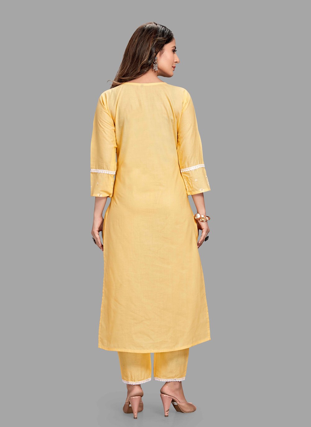 Pant Style Suit Blended Cotton Yellow Block Print Salwar Kameez