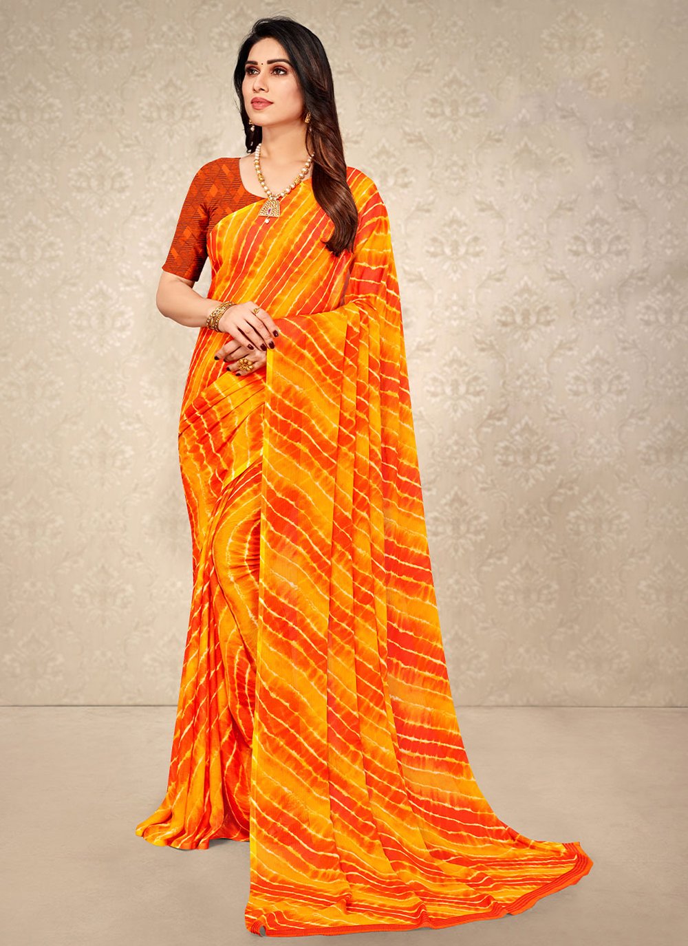 Trendy Saree Chiffon Yellow Print Saree