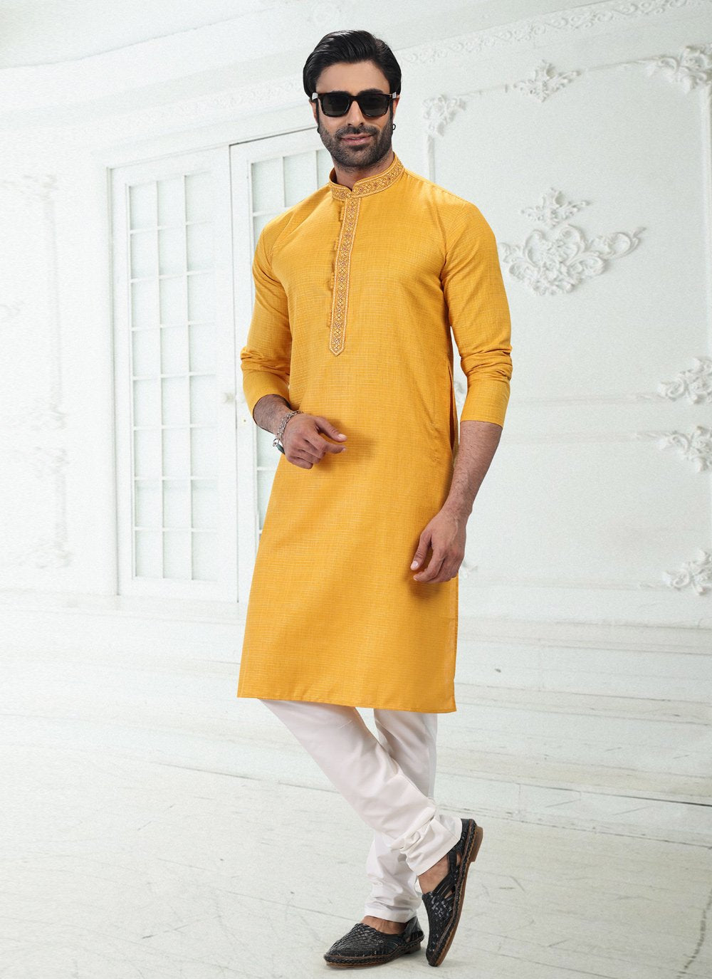 Kurta Pyjama Cotton Linen Yellow Thread Mens