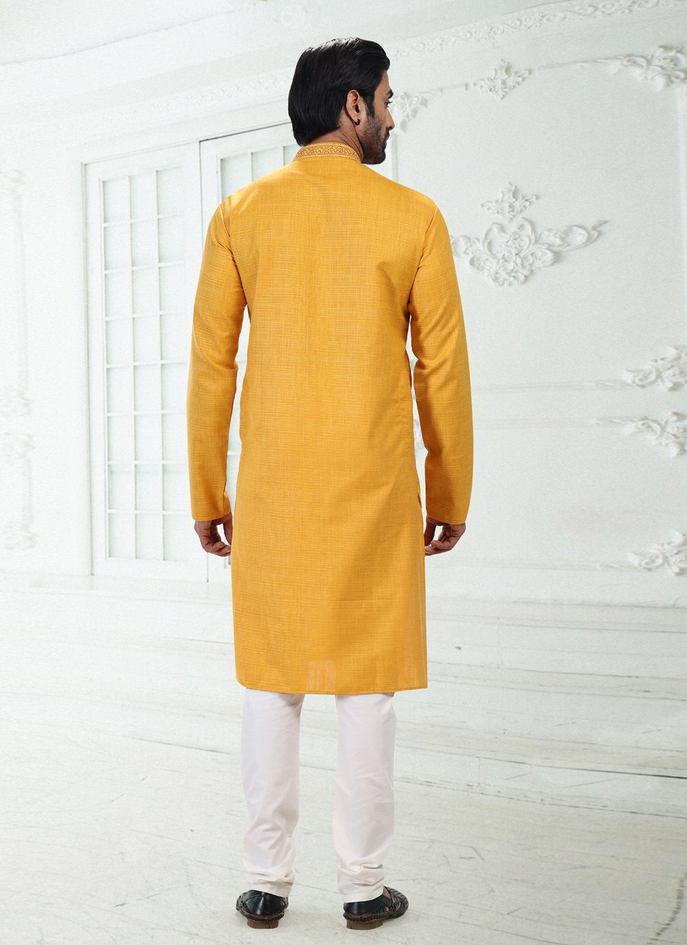 Kurta Pyjama Cotton Linen Yellow Thread Mens