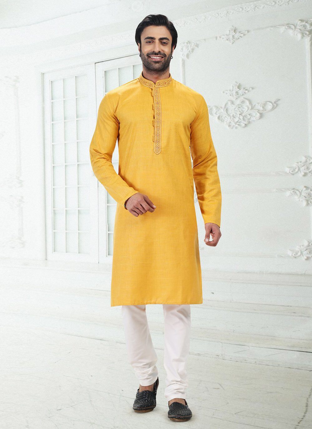 Kurta Pyjama Cotton Linen Yellow Thread Mens