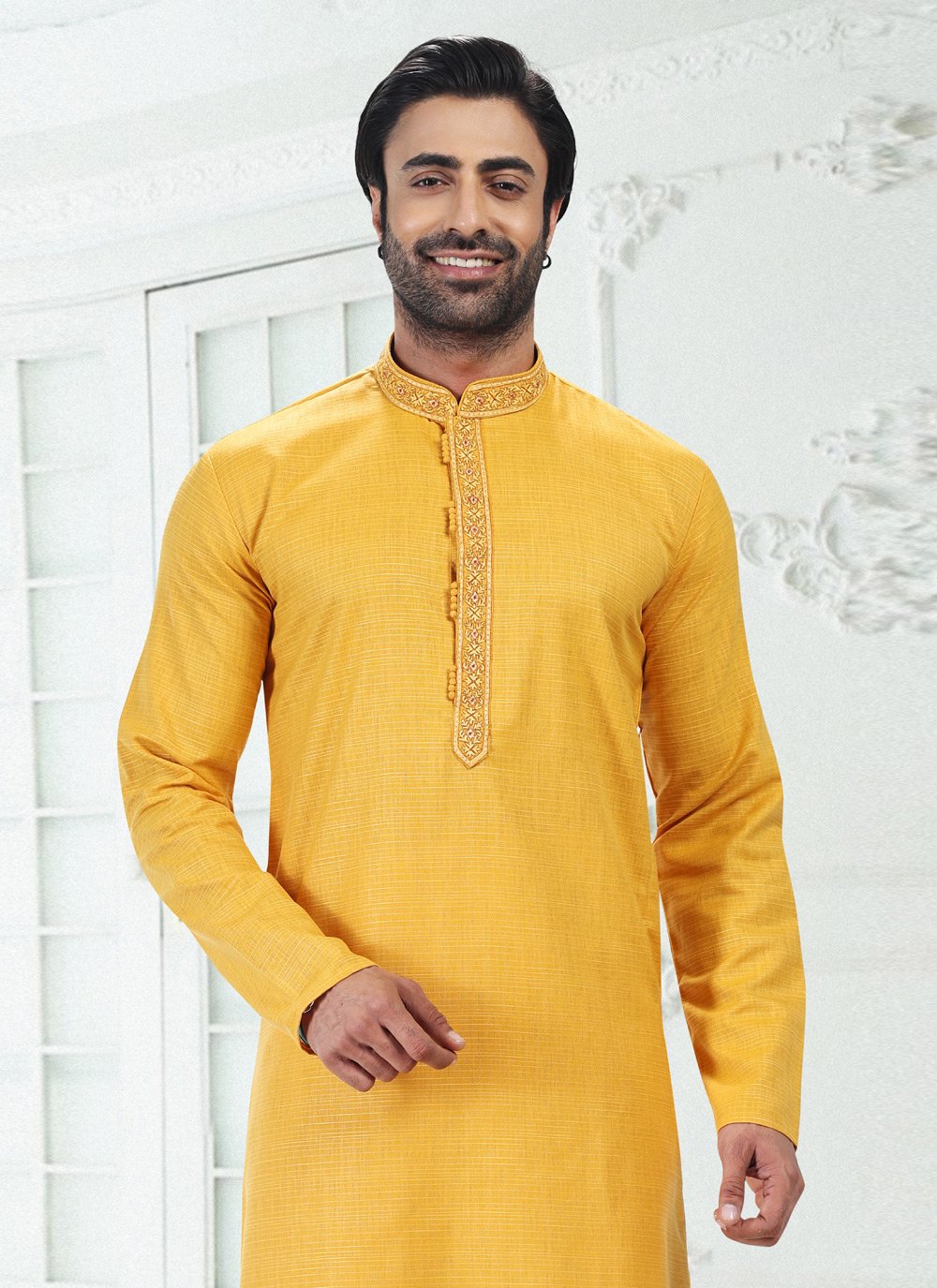 Kurta Pyjama Cotton Linen Yellow Thread Mens