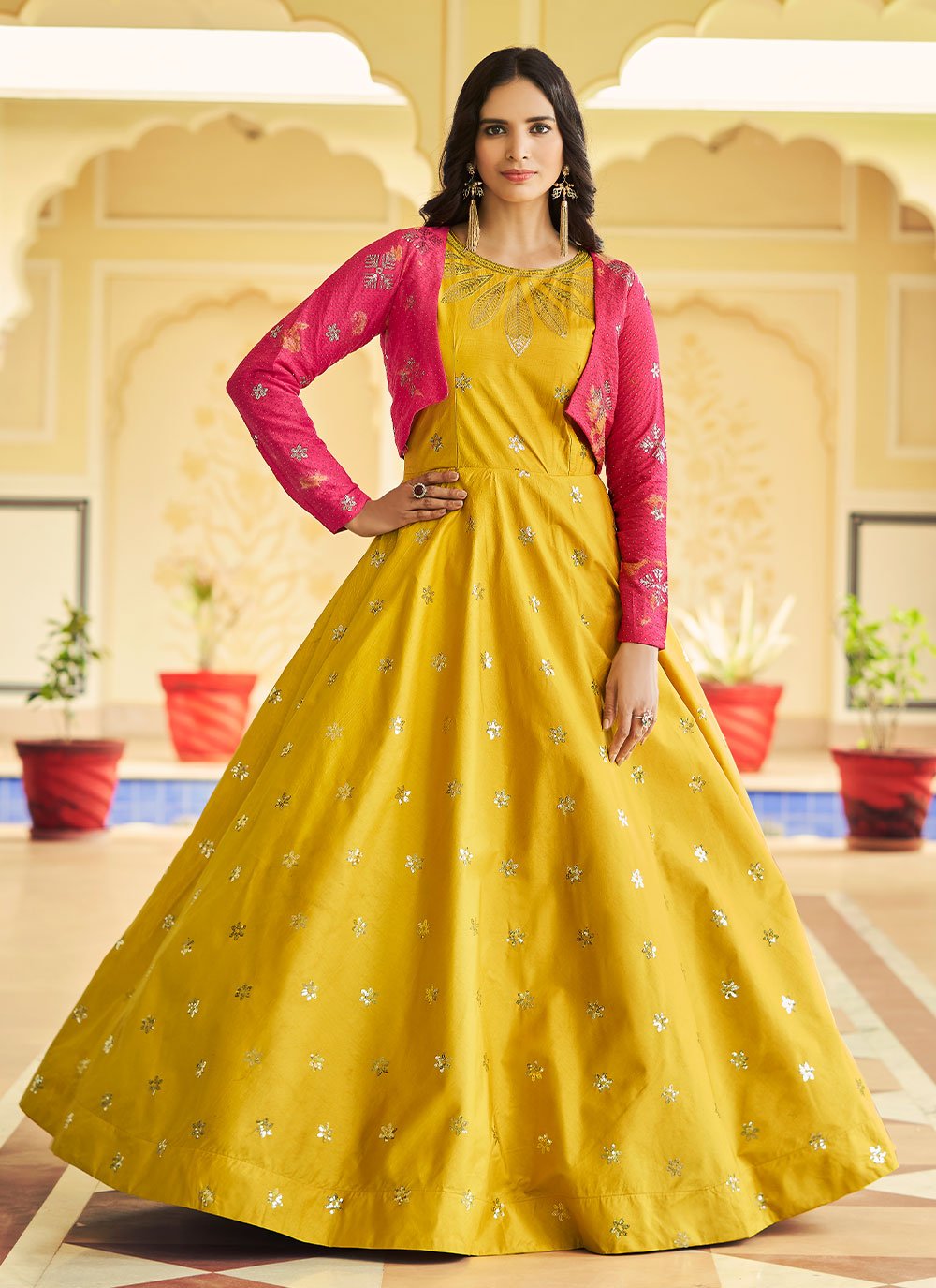 Gown Cotton Yellow Embroidered Gown