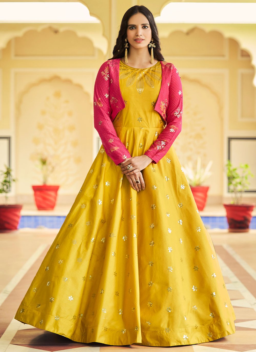 Gown Cotton Yellow Embroidered Gown