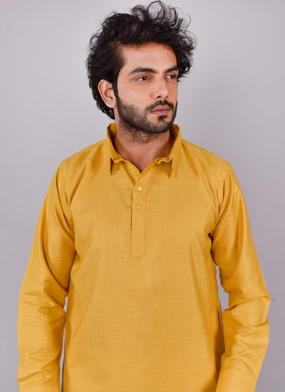 Kurta Pyjama Cotton Yellow Plain Mens