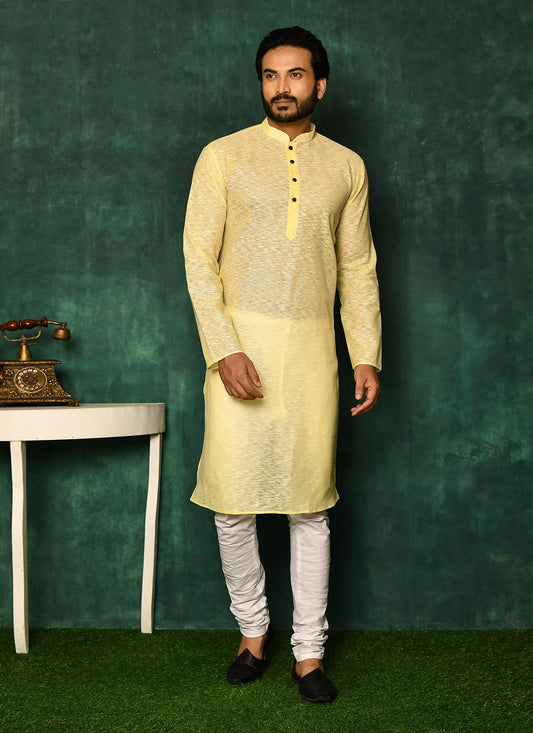 Kurta Pyjama Cotton Yellow Plain Mens