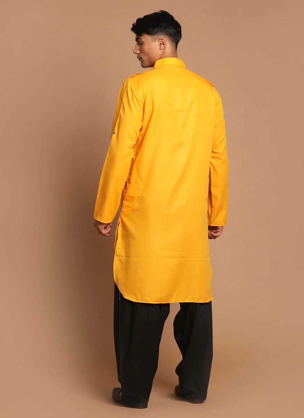 Kurta Pyjama Cotton Yellow Plain Mens