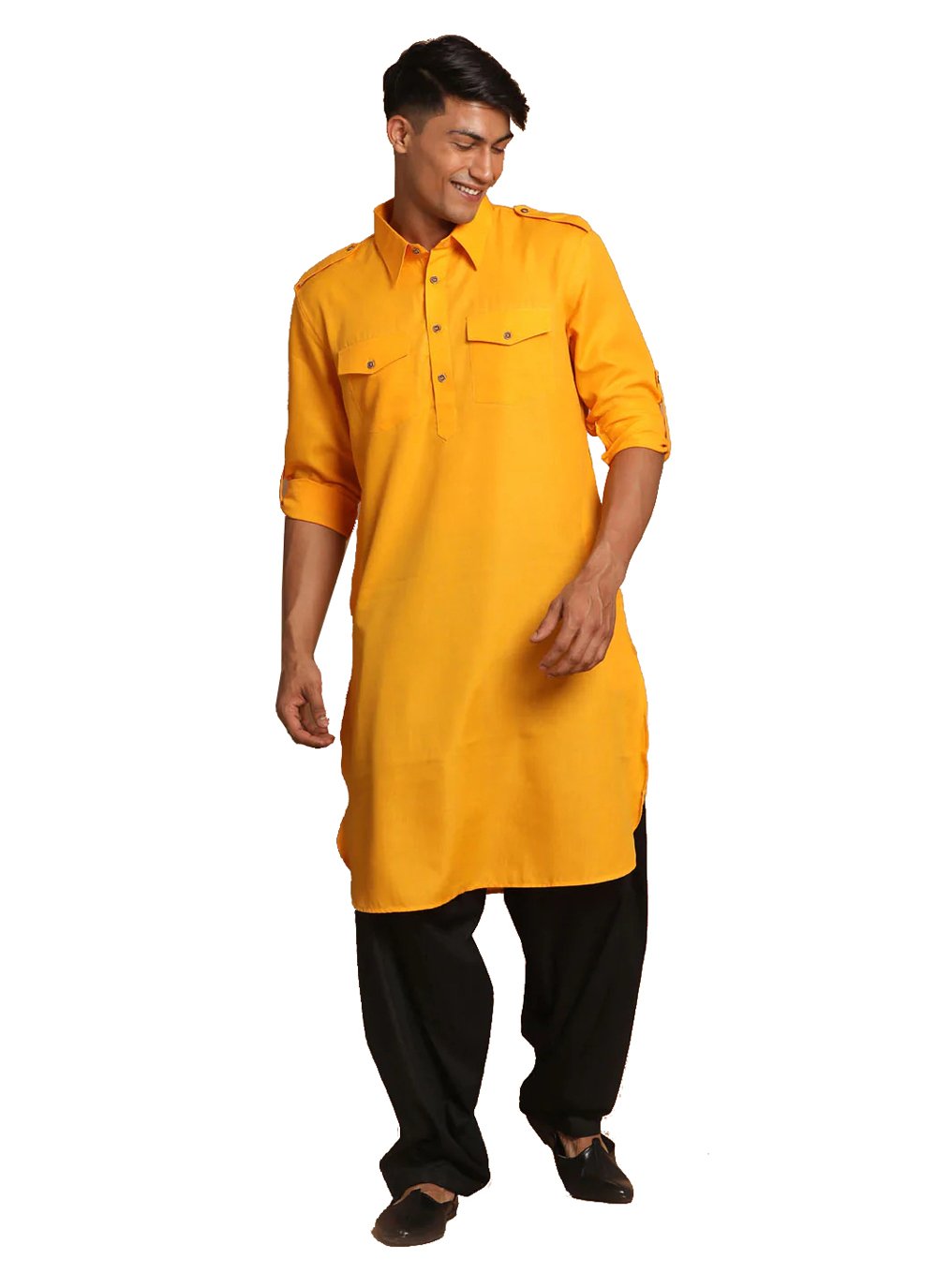 Kurta Pyjama Cotton Yellow Plain Mens