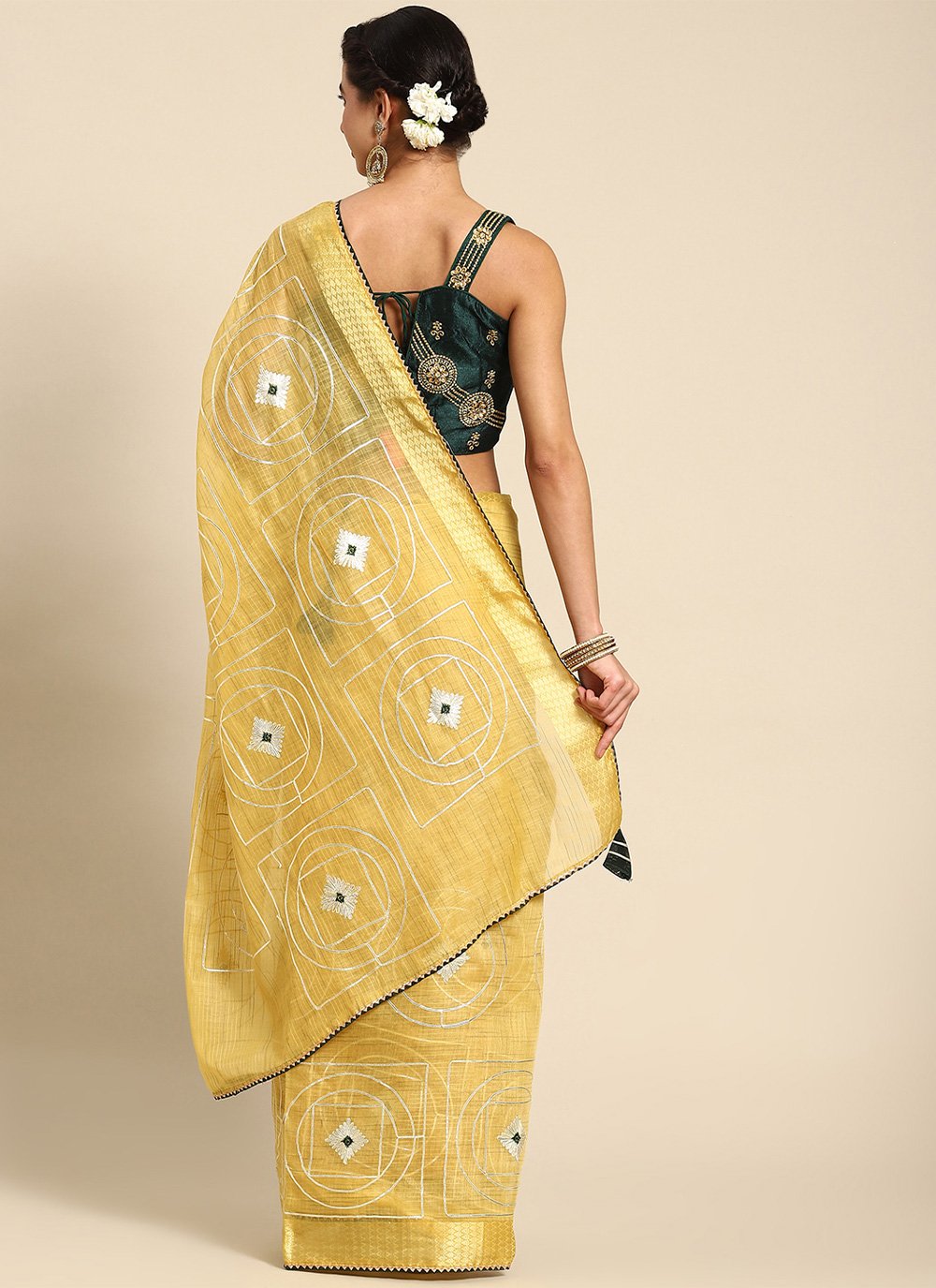 Classic Poly Cotton Yellow Embroidered Saree