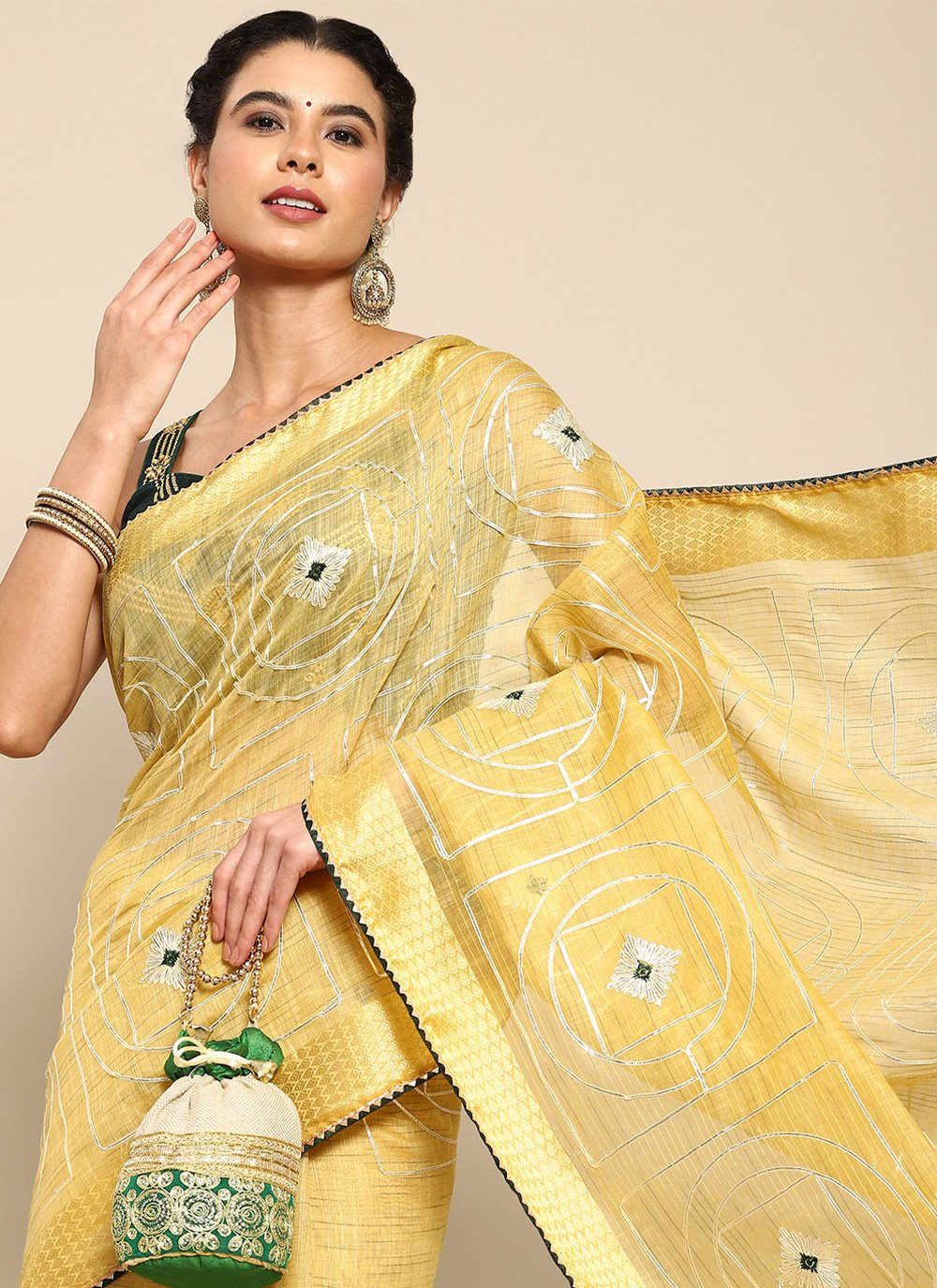 Classic Poly Cotton Yellow Embroidered Saree