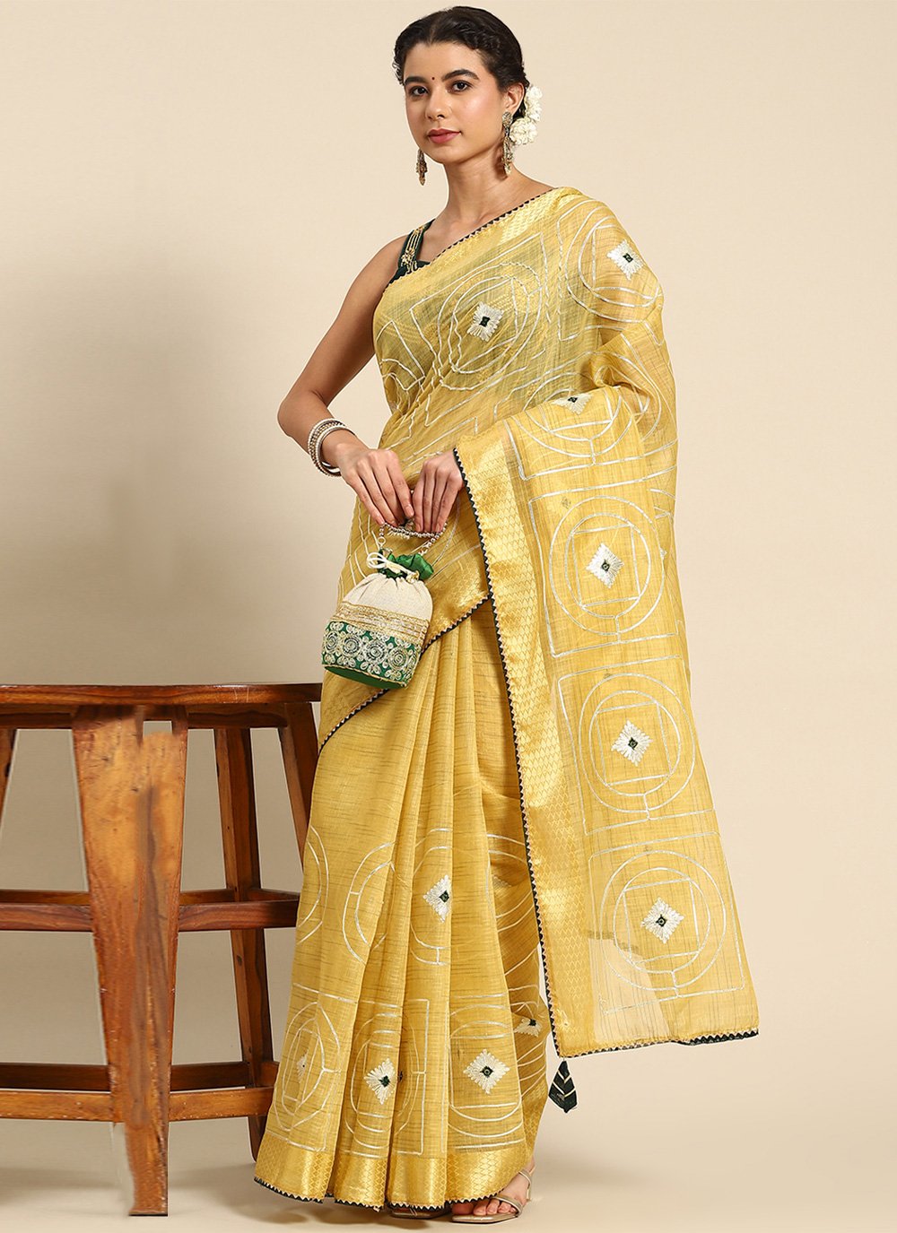 Classic Poly Cotton Yellow Embroidered Saree