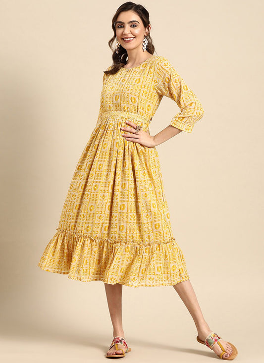 Casual Kurti Georgette Yellow Print Kurtis