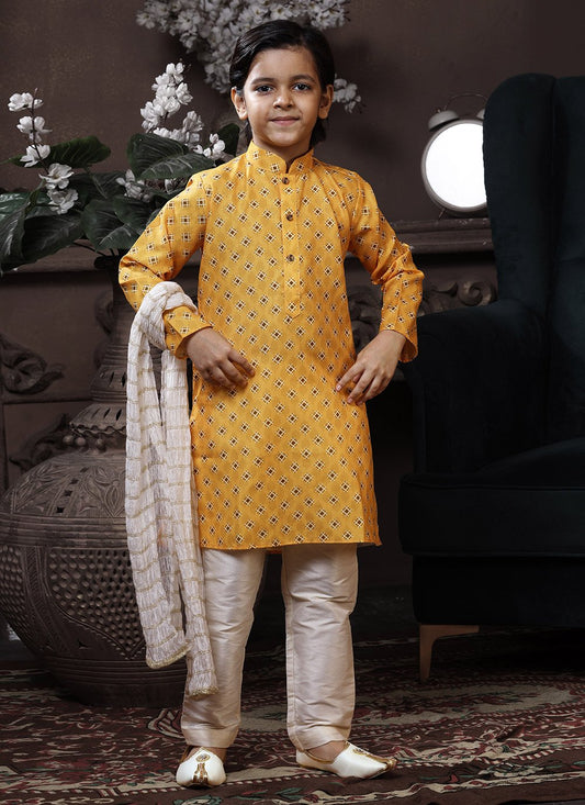 Kurta Pyjama Cotton Yellow Print Kids