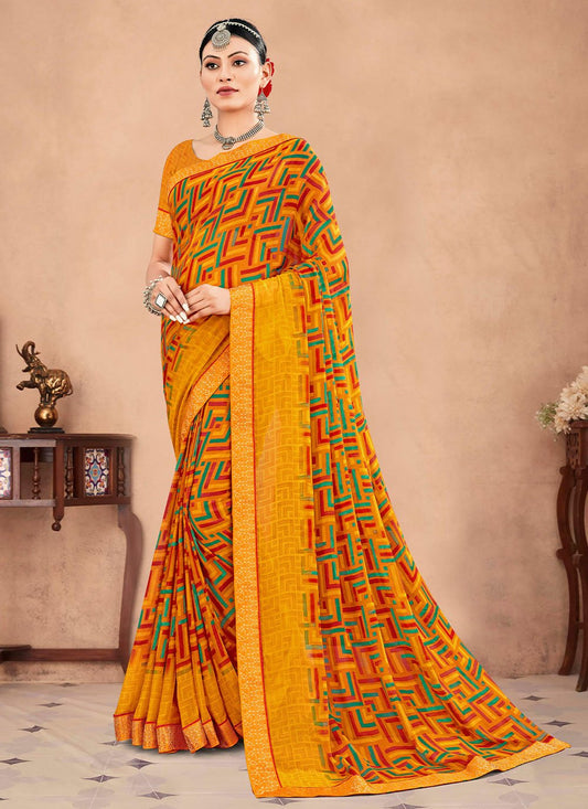 Classic Chiffon Yellow Patch Border Saree