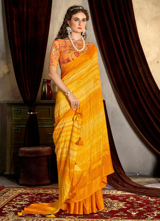 Contemporary Chinon Yellow Print Saree