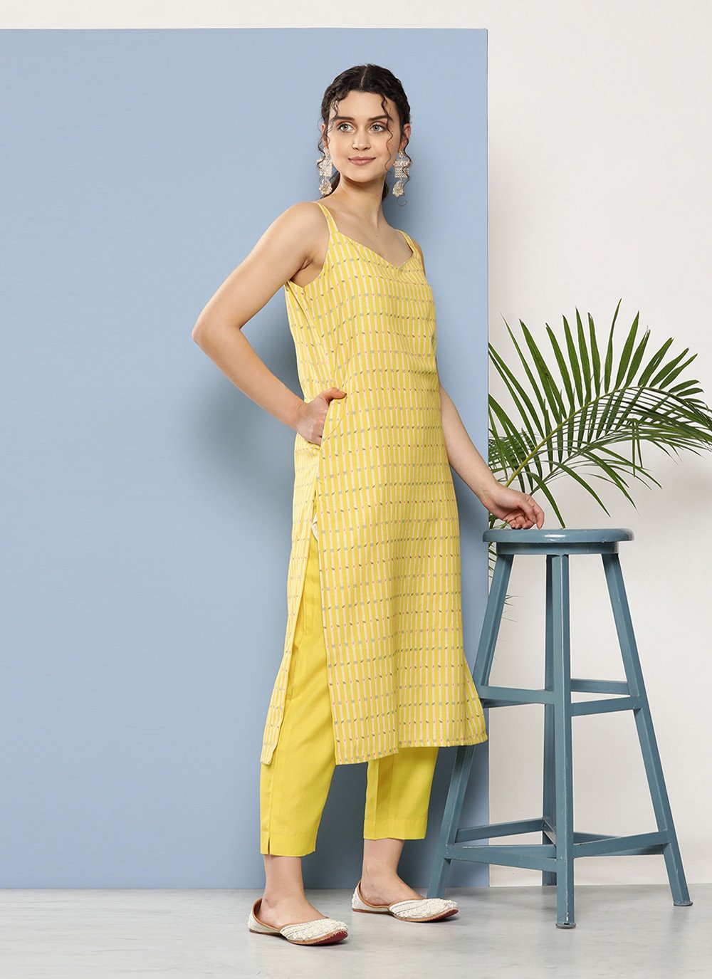 Designer Kurti Blended Cotton Yellow Print Kurtis
